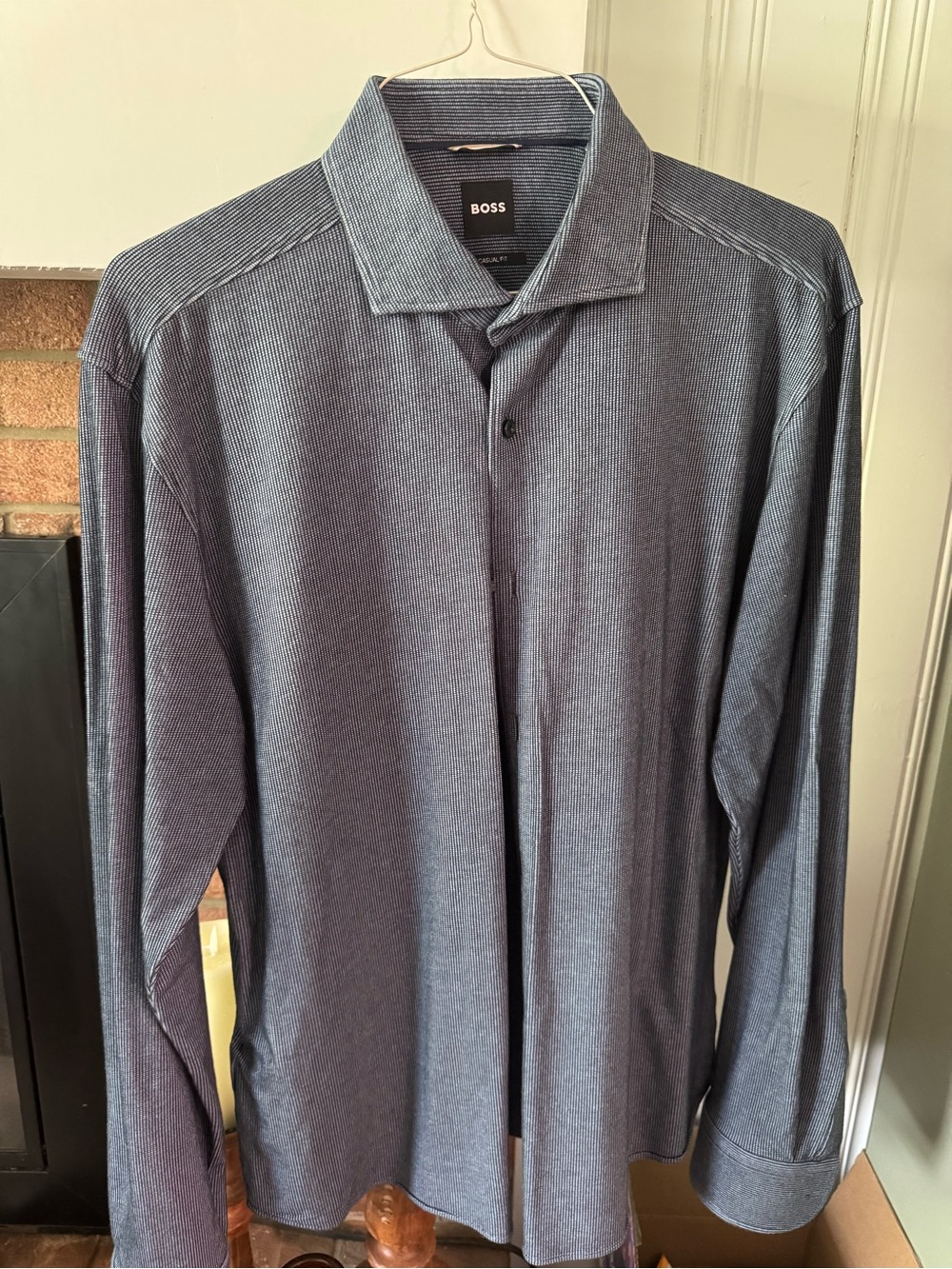 BOSS Men's Textured Navy Button-Up Dress Shirt